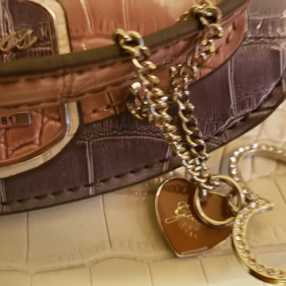 Guess Croc-Embossed Satchel in Pink Gray and Cream